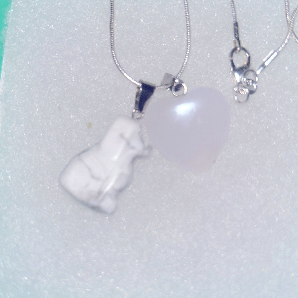 Boho Hippie Howlite Dog and Quartz Crystal Sterling Silver Necklace 16”